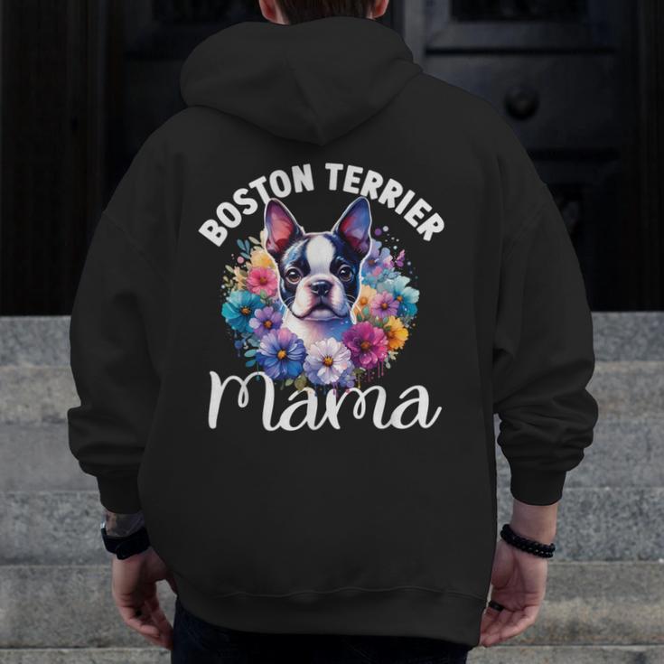 Watercolor Floral Boston Terrier Mama Dog Lover Mother's Day For Men Women Girls Kids Men Zip Up Hoodie Back Print, funny design