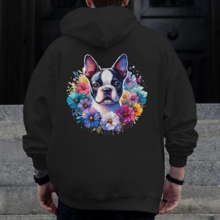 Watercolor Floral Boston Terrier Mama Dog Lover Mother's Day Men Zip Up Hoodie Back Print, funny design