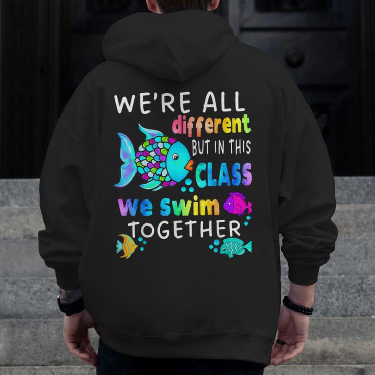 We'Re All Different But We Swim Together Elementary Teacher Men Zip Up Hoodie Back Print, funny design We'Re All Different But We Swim Together Elementary Teacher Men Zip Up Hoodie Back Print, funny design