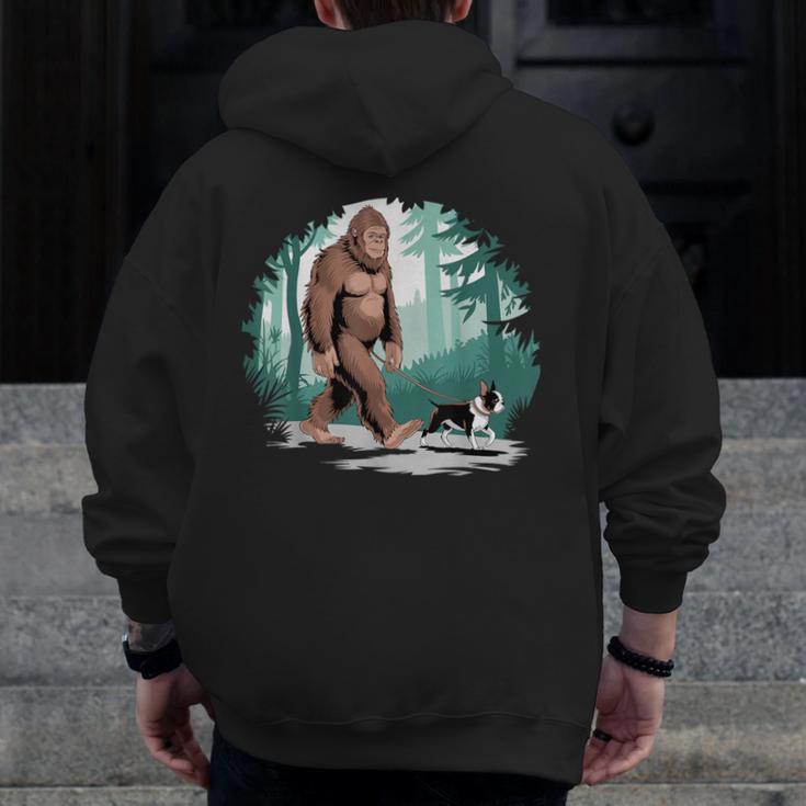 Whimsical Forest Adventures Sasquatch Bigfoot Walking Boston Terrier Dog Lovers Men Zip Up Hoodie Back Print, funny design