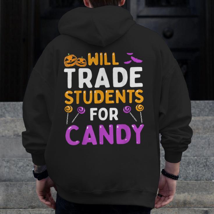 Will Trade Students For Candy Cute Halloween Costume Teacher For Men Women Kids Men Zip Up Hoodie Back Print, funny design