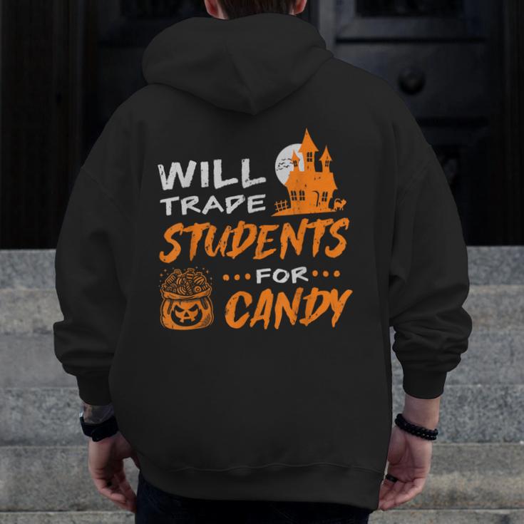 Will Trade Students For Candy Halloween Costume Teacher Men Zip Up Hoodie Back Print, funny design