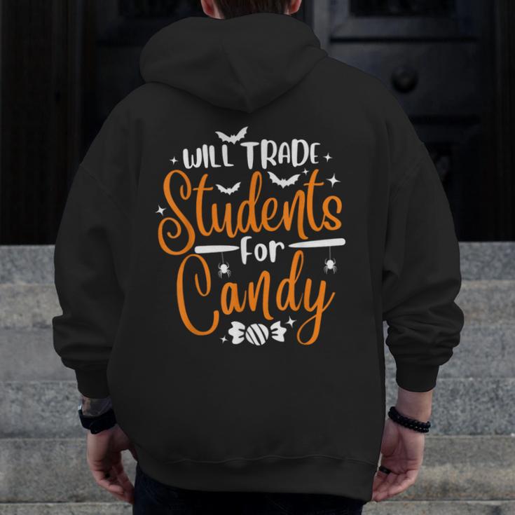 Will Trade Students For Candy Halloween Costume Teacher Men Zip Up Hoodie Back Print, funny design Will Trade Students For Candy Halloween Costume Teacher Men Zip Up Hoodie Back Print, funny design