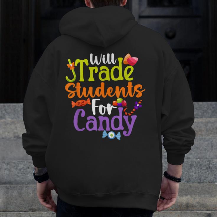 Will Trade Students For Candy Teacher Halloween Costume Men Zip Up Hoodie Back Print, funny design