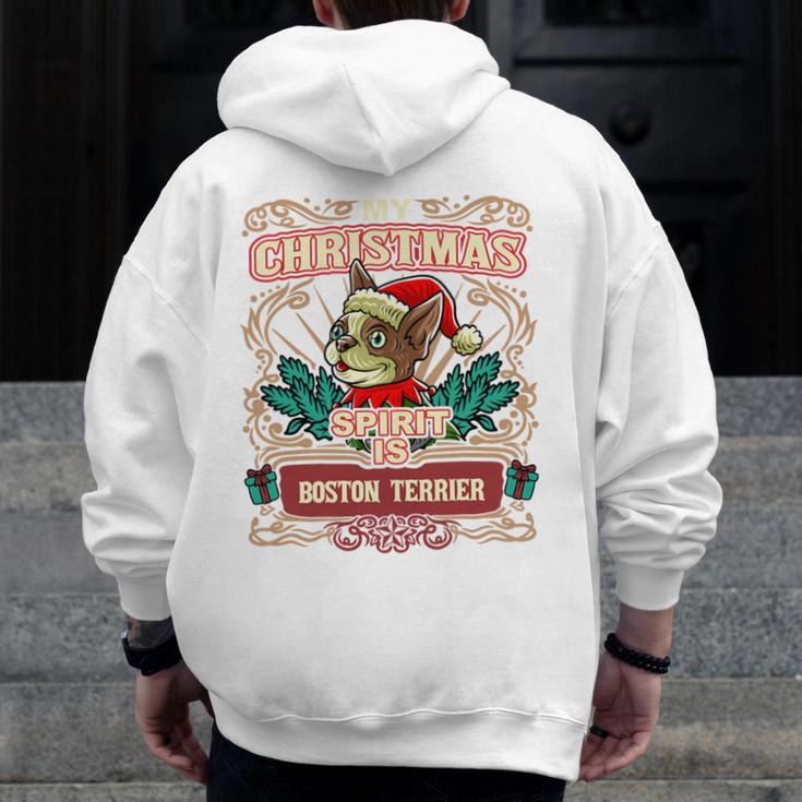 Boston Terrier My Christmas Spirit Dog Santa Claus X-Mas Men Zip Up Hoodie Back Print, Boston Terrier Christmas Gifts, funny design