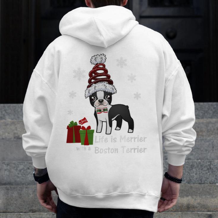 Boston Terrier Christmas T Shirt-Life Is Merrier Premium Tri-Blend Men Zip Up Hoodie Back Print, Boston Terrier Christmas Gifts, funny design