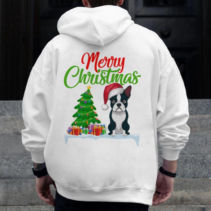 Boston Terrier Christmas Tree Lights Xmas Dog Lover Men Zip Up Hoodie Back Print, Boston Terrier Christmas Gifts, funny design