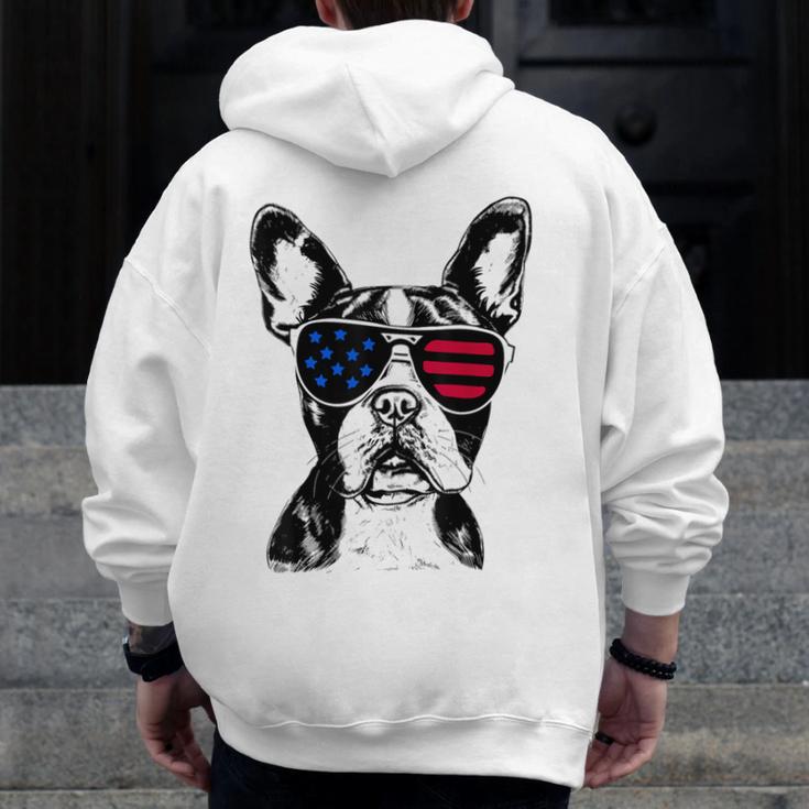 Boston Terrier Dog 4th July America USA Flag Men Women Kids Men Zip Up Hoodie Back Print, Boston Terrier 4th Of July Gifts, funny design
