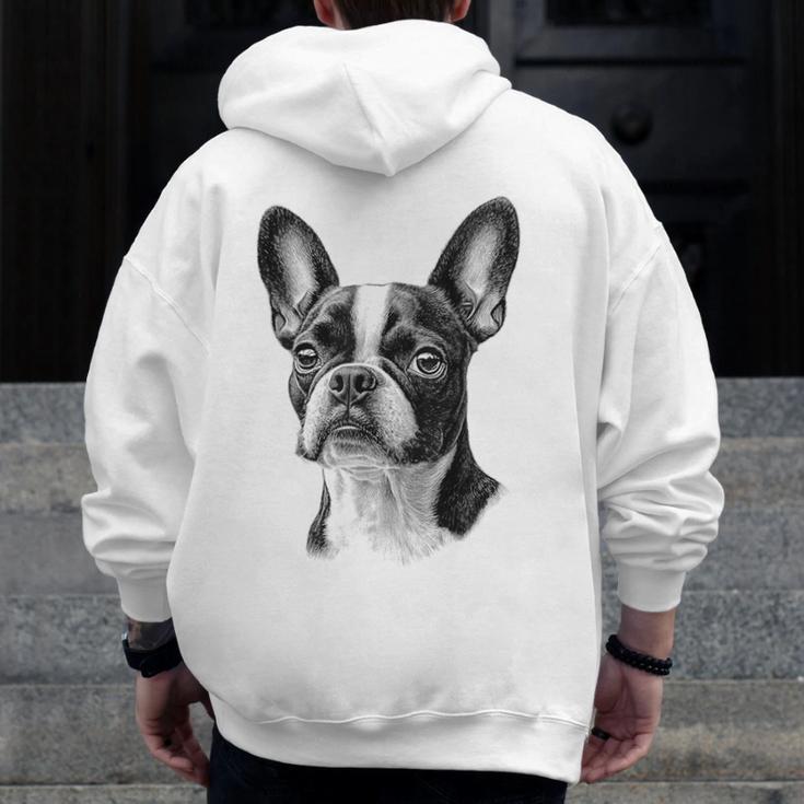 Boston Terrier Dog Motif Pet Illustration Boston Terrier For Men Women Kids Men Zip Up Hoodie Back Print, funny design