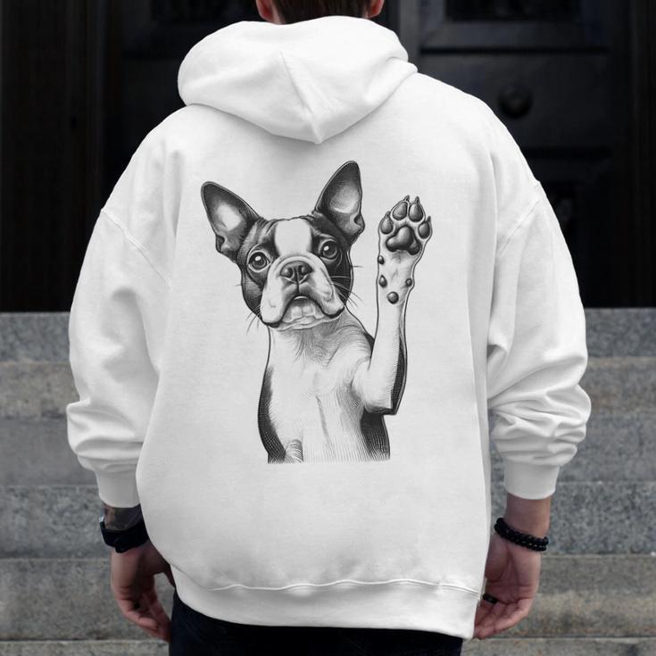 Boston Terrier Dog Raising Paw Idea Men Women Men Zip Up Hoodie Back Print, funny design