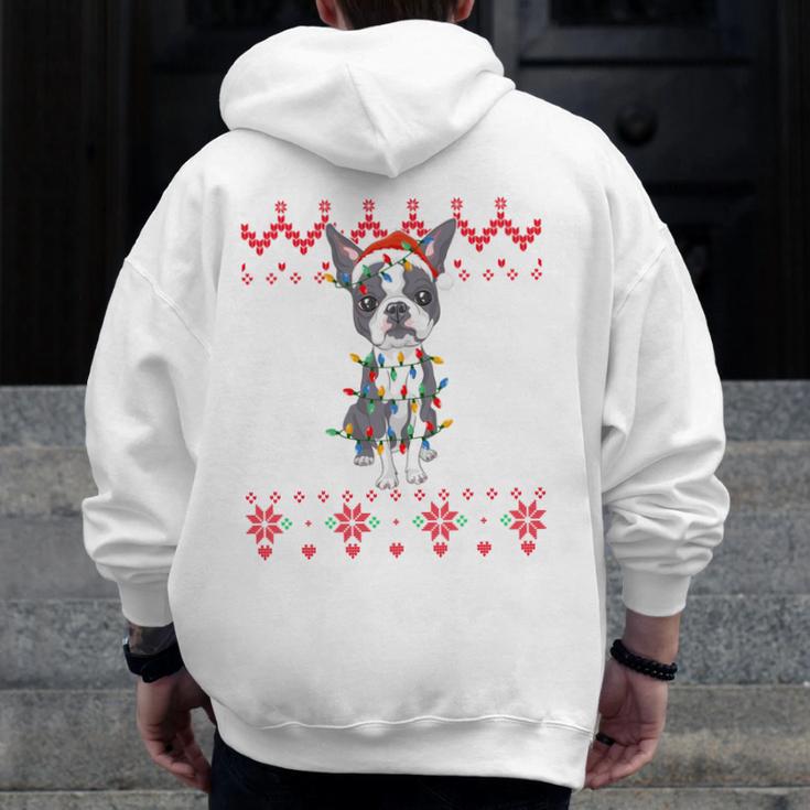 Boston Terrier Dog Santa Hat Men Kids Ugly Christmas Light Men Zip Up Hoodie Back Print, Boston Terrier Christmas Gifts, funny design