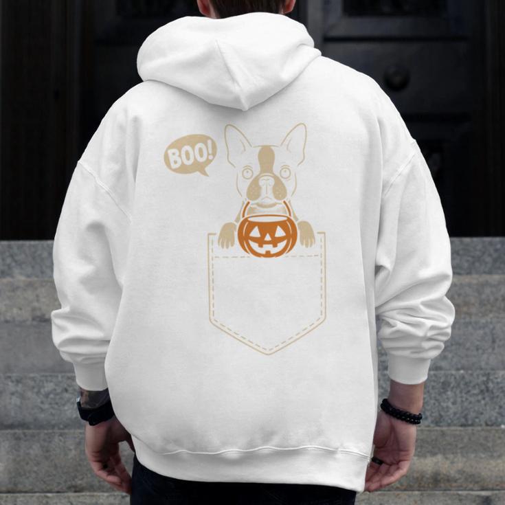 Boston Terrier Halloween Cute Bostie Dog Pocket Boo Men Zip Up Hoodie Back Print, Boston Terrier Halloween Gifts, funny design
