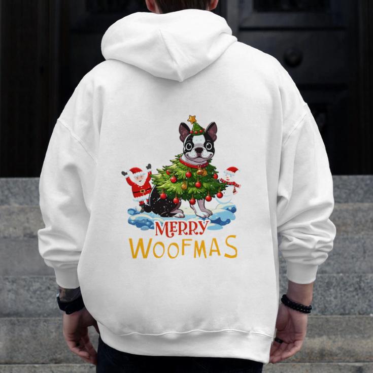 Boston Terrier Merry Christmas Tree Lights Dog X-Mas Dogs Men Zip Up Hoodie Back Print, Boston Terrier Christmas Gifts, funny design