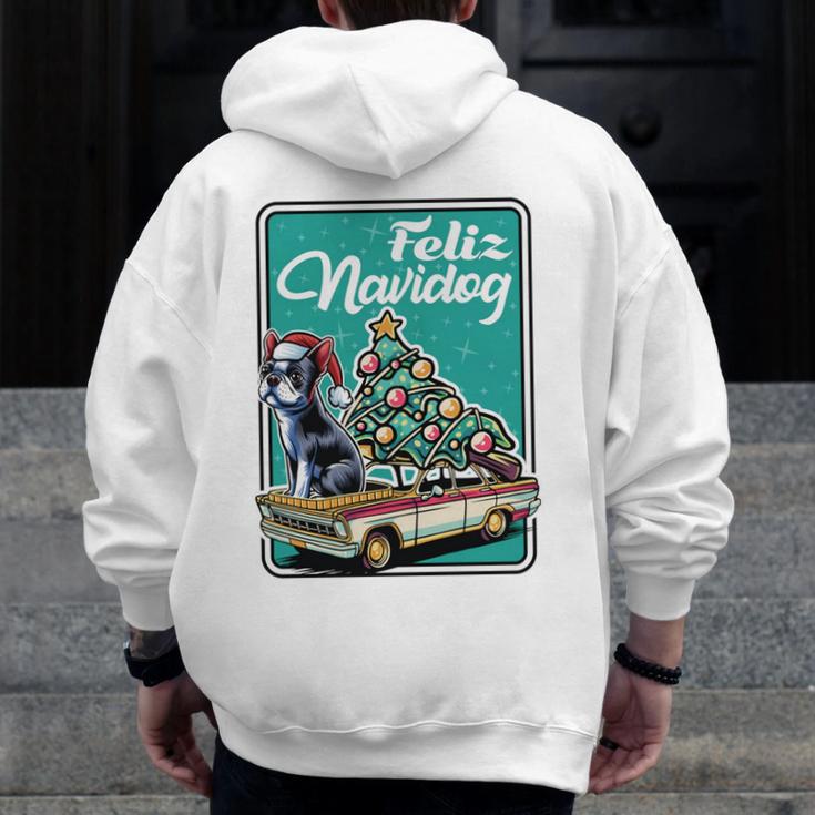 Boston Terrier Merry Christmas Tree Truck Dog X-Mas Men Zip Up Hoodie Back Print, Boston Terrier Christmas Gifts, funny design