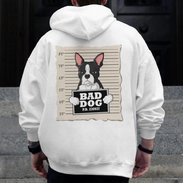 Boston Terrier Mug Shot Guilty Dog Men Zip Up Hoodie Back Print, funny design