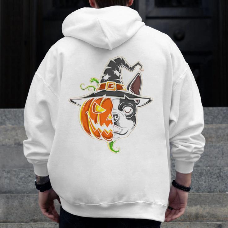 Boston Terrier Pumpkin Jack O Lantern Halloween Men Zip Up Hoodie Back Print, Boston Terrier Halloween Gifts, funny design