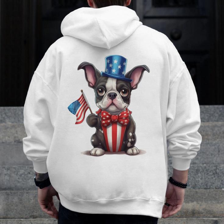 Boston Terrier Puppy Dog Holds His American Flag 4th Of July Men Zip Up Hoodie Back Print, American Boston Terrier Gifts, Boston Terrier 4th Of July Gifts, funny design