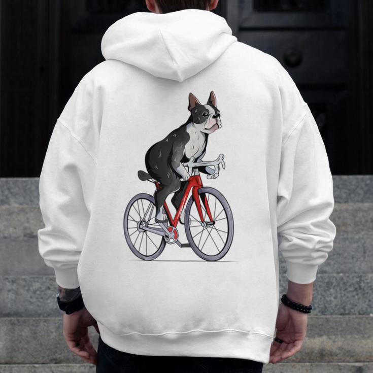 Boston Terrier Riding Bicycle Cute Bostie Biker Raglan Baseball Tee Men Zip Up Hoodie Back Print, Boston Terrier Riding Gifts, funny design