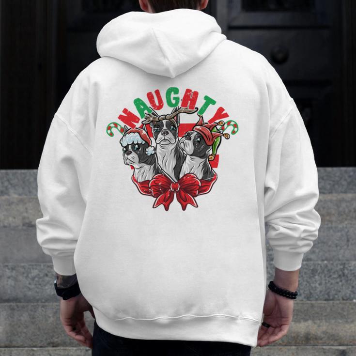 Boston Terrier Santa Claus Elf Reindeer Christmas Dog X-Mas Men Zip Up Hoodie Back Print, Boston Terrier Christmas Gifts, funny design