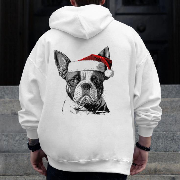 Boston Terrier Santa Claus Hat Merry Christmas Dog X-Mas Men Zip Up Hoodie Back Print, Boston Terrier Christmas Gifts, funny design