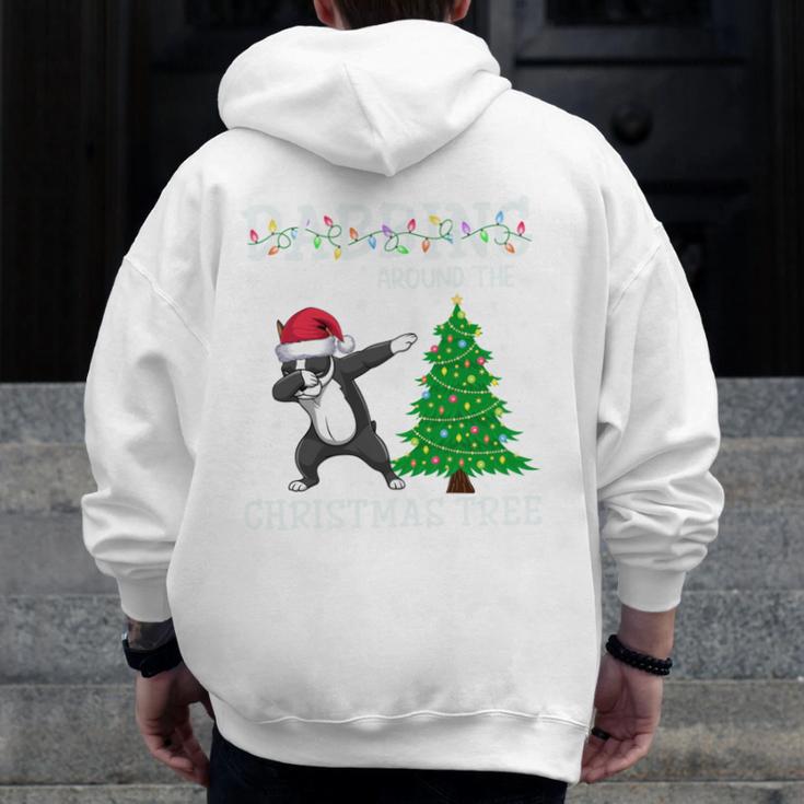 Boston Terrier Santa Hat Dabbing Around The Christmas Tree Men Zip Up Hoodie Back Print, Boston Terrier Christmas Gifts, funny design