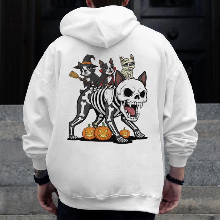 Boston Terrier Skeleton Mummy Witch Halloween Men Zip Up Hoodie Back Print, Boston Terrier Halloween Gifts, funny design