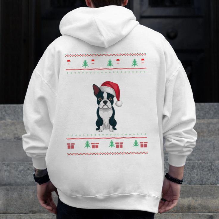 Boston Terrier Wearing Santa Hat Ugly Xmas Dog Lovers Men Zip Up Hoodie Back Print, funny design