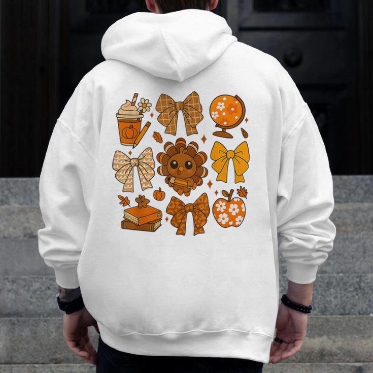 Coquette Teach Teacher Bows Thanksgiving Turkey Fall Autumn Men Zip Up Hoodie Back Print, funny design