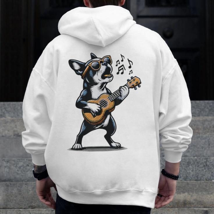 Dog Playing Guitar Singing Boston Terrier For Men Women Girls Kids Men Zip Up Hoodie Back Print, funny design