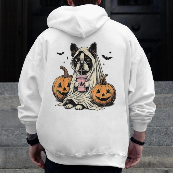 Halloween Boston Terrier Ghost Men Zip Up Hoodie Back Print, Boston Terrier Ghost Gifts, Boston Terrier Halloween Gifts, funny design