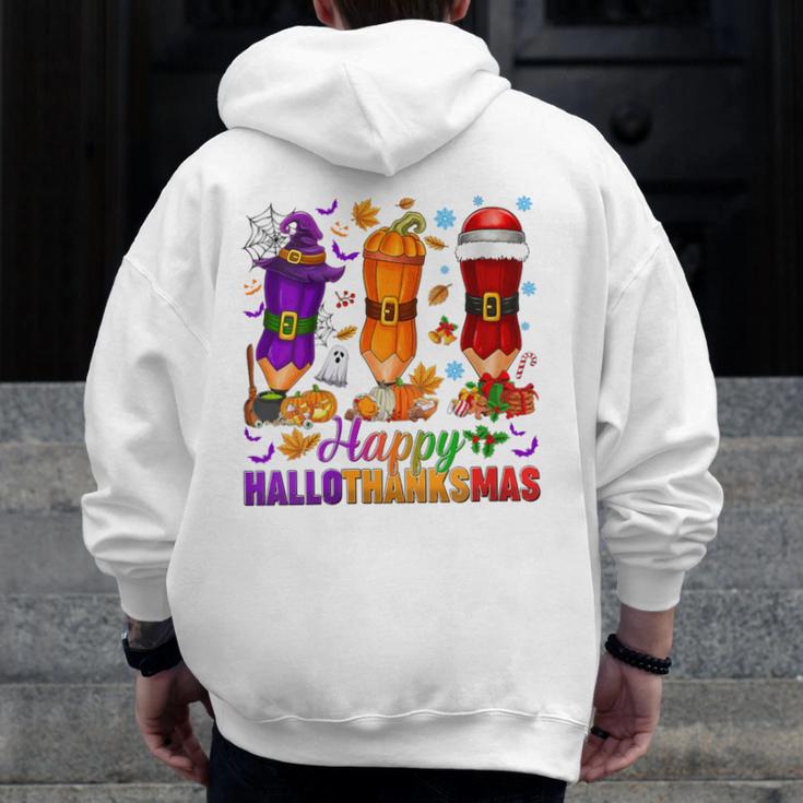 Happy Hallothanksmas Halloween Thanksgiving Pencils Teachers Men Zip Up Hoodie Back Print, funny design