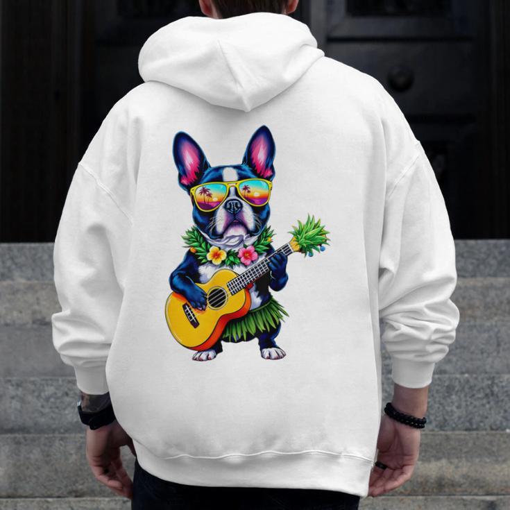 Hawaiian Boston Terrier & Pineapple Ukulele Summer Vacation Men Zip Up Hoodie Back Print, funny design