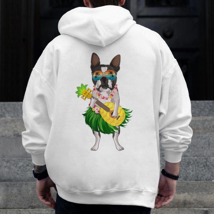 Hawaiian Boston Terrier Dog Pineapple Ukulele Summer For Men Women Girls Kids Men Zip Up Hoodie Back Print, funny design