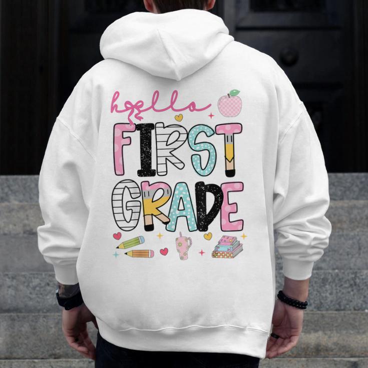 Hello First Grade Teacher Coquette Pencil Bow Back To School Men Zip Up Hoodie Back Print, First Grade Teacher Gifts, funny design Hello First Grade Teacher Coquette Pencil Bow Back To School Men Zip Up Hoodie Back Print, First Grade Teacher Gifts, funny design