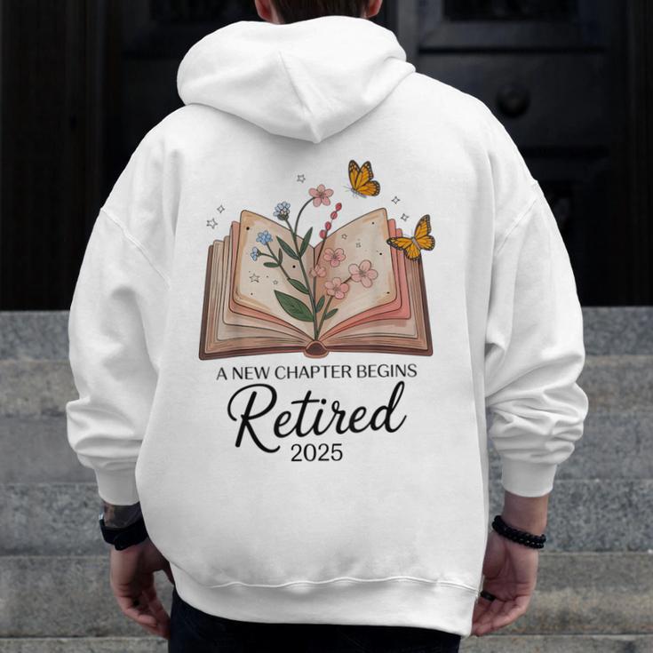Retired 2025 A New Chapter Begins Retirement Teacher Book Men Zip Up Hoodie Back Print, funny design