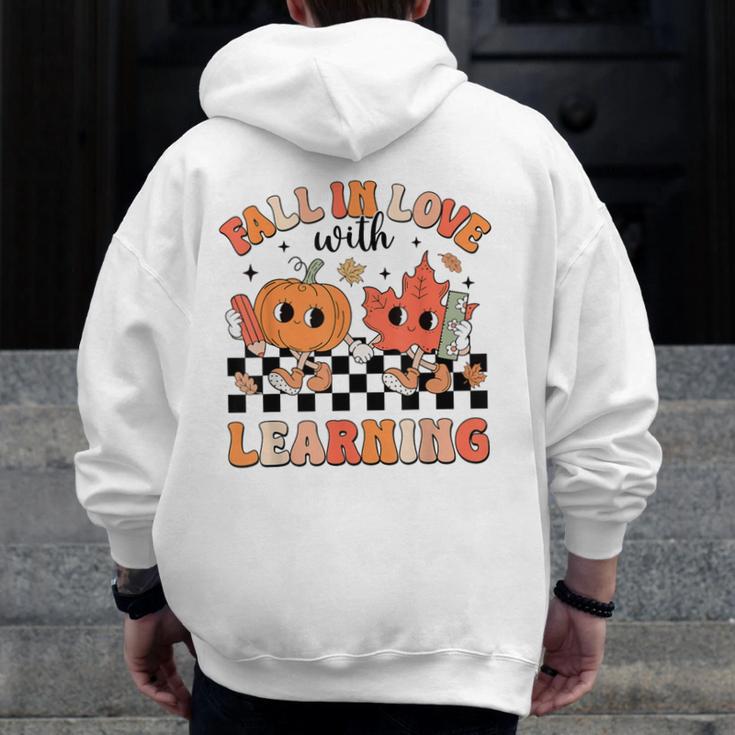 Retro Fall In Love With Learning Autumn Pumpkin Teacher Men Zip Up Hoodie Back Print, funny design