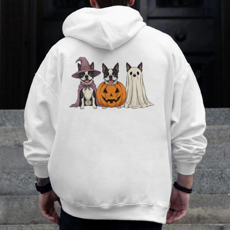 Spooky Ghost Boston Terrier Pumpkin Halloween Dog Lover Men Zip Up Hoodie Back Print, Boston Terrier Ghost Gifts, Boston Terrier Halloween Gifts, funny design