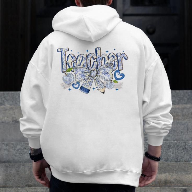 Teacher Blue Chinoiserie Coquette Bow Heart Teacher Life Men Zip Up Hoodie Back Print, funny design