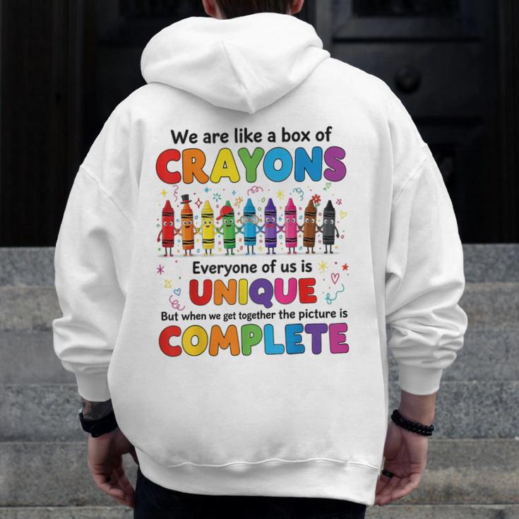 Teacher We Are Like a Box Of Crayons Back To School Men Zip Up Hoodie Back Print, funny design Teacher We Are Like a Box Of Crayons Back To School Men Zip Up Hoodie Back Print, funny design