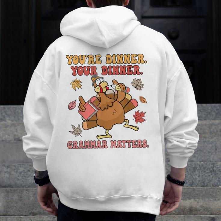 Thanksgiving Grammar Thankful English Teacher Fall Turkey Men Zip Up Hoodie Back Print, English Teacher Gifts, funny design
