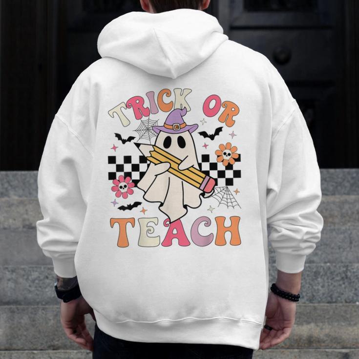 Trick Or Teach Groovy Teacher Halloween Retro Floral Ghost Men Zip Up Hoodie Back Print, Groovy Teacher Gifts, funny design