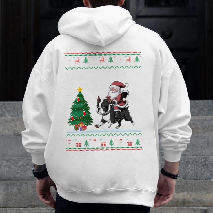 Ugly Christmas Tree Lights Xmas Santa Riding Boston Terrier Men Zip Up Hoodie Back Print, Boston Terrier Christmas Gifts, Boston Terrier Riding Gifts, funny design