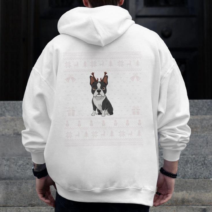 Ugly Xmas Sweater Style Boston Terrier Reindeer Christmas Men Zip Up Hoodie Back Print, Boston Terrier Christmas Gifts, funny design