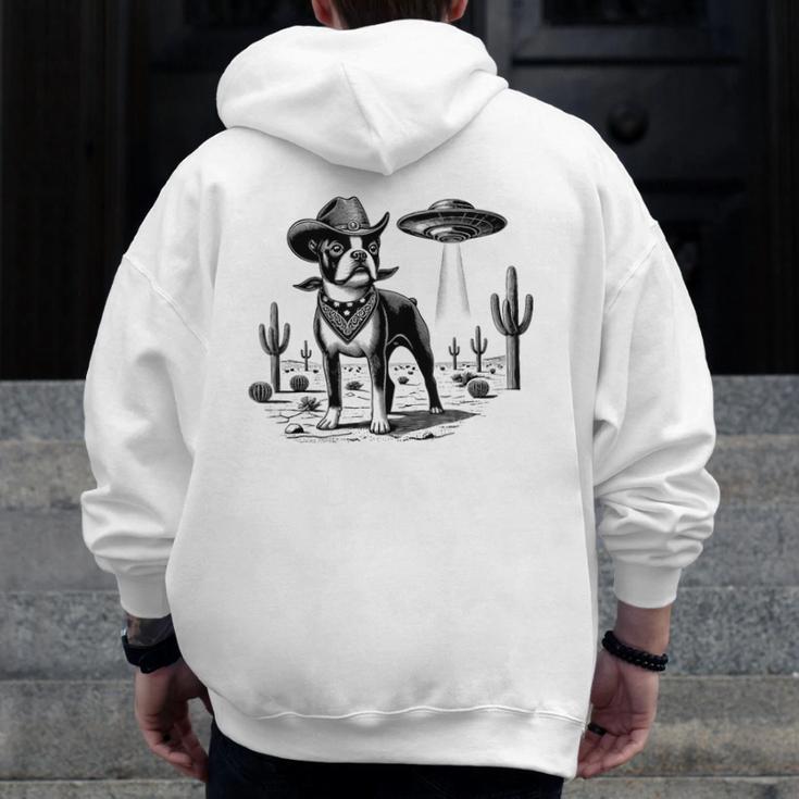 Vintage Boston Terrier UFO Western Wild West Dog Mom Dad Men Zip Up Hoodie Back Print, Couple Gifts, Mom Gifts, Boston Terrier Dad Gifts, Boston Terrier Mom Gifts, funny design