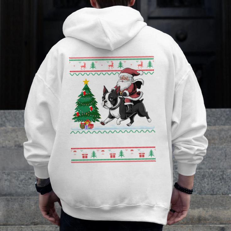 Xmas Tree Lighting Santa Riding Boston Terrier Christmas Men Zip Up Hoodie Back Print, Boston Terrier Christmas Gifts, Boston Terrier Riding Gifts, funny design