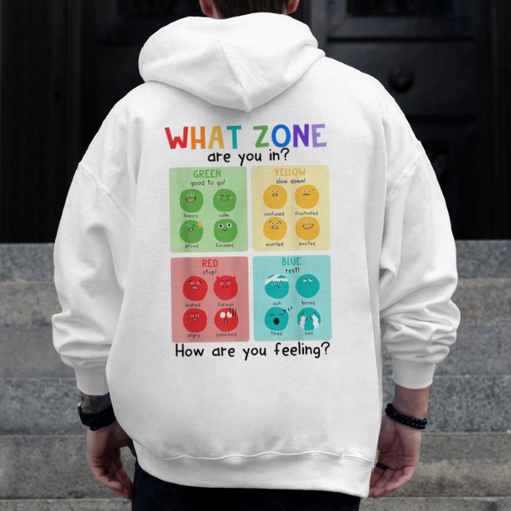 What Zone Are You In How Are You Feeling Teacher Men Zip Up Hoodie Back Print, funny design