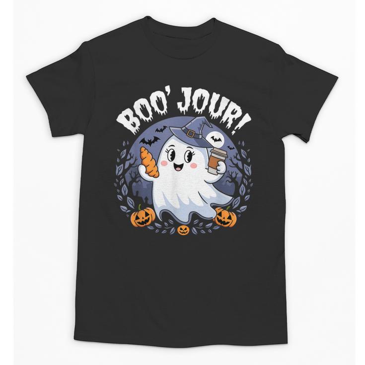 Boo Jour Ghost Halloween French Teacher Cute Coffe Croissant Unisex T-Shirt