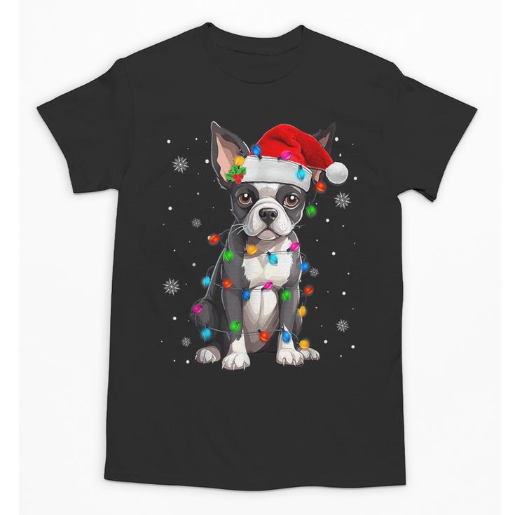 Boston Terrier Christmas Santa Hat Tree Lights Pajama Unisex T-Shirt
