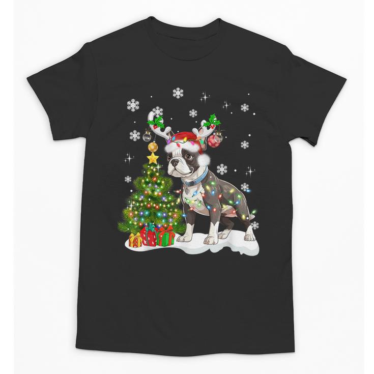 Boston Terrier Christmas Tree Lights Santa Hat Unisex T-Shirt