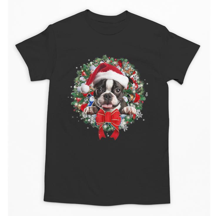 Boston Terrier Christmas Wreath Decoration Xmas Pajamas Unisex T-Shirt